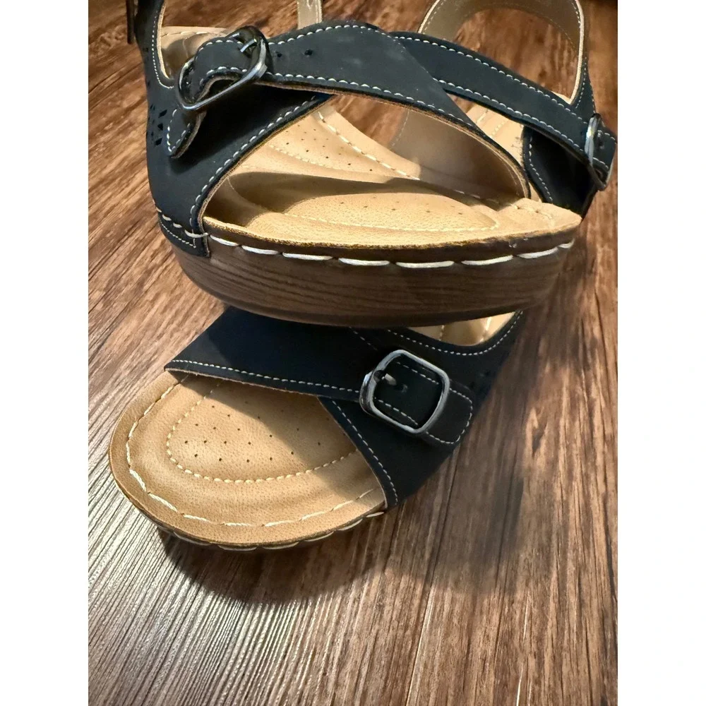Patrizia‎ by Spring Step Shantay Navy Blue Wedge Slingback Sandals Womens 10